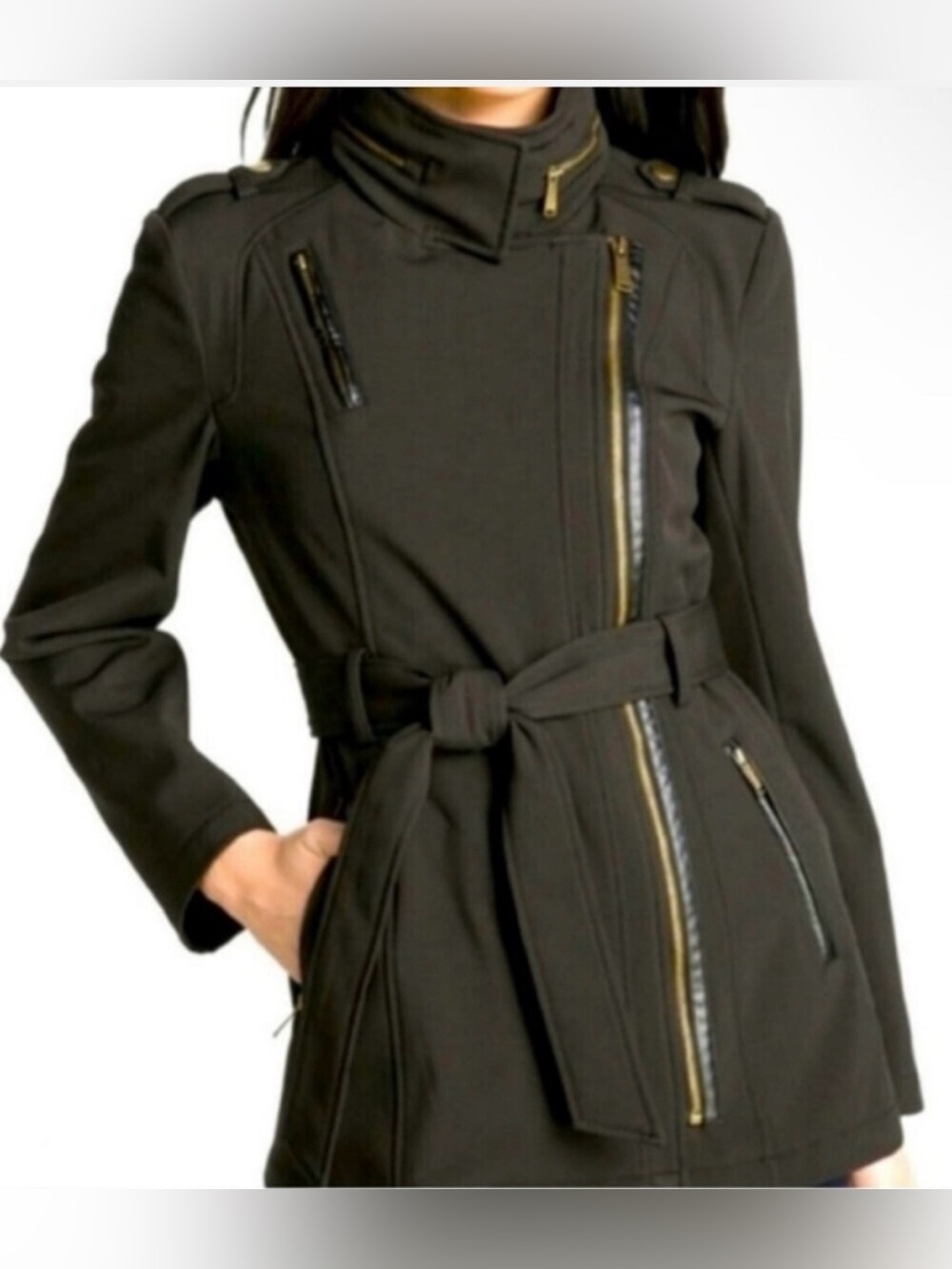 MICHAEL Michael Kors Olive Green Belted Trench Coat with Asymmetric Zip Size L